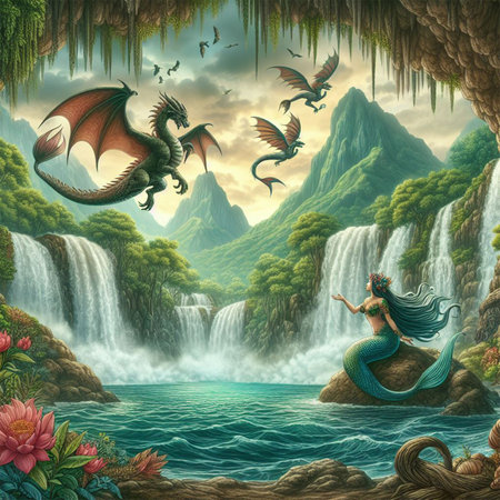 Fantasy scene with mermaid and waterfall in the jungle - illustration for childrenの素材