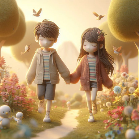 Little boy and girl walking in the park. 3D rendering.の素材
