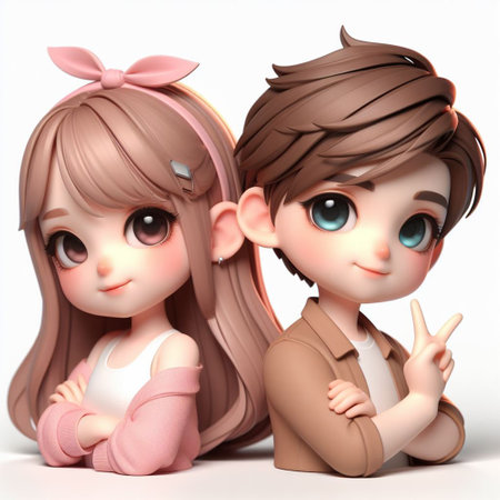 Cute little girl and boy with brown hair - 3d renderingの素材