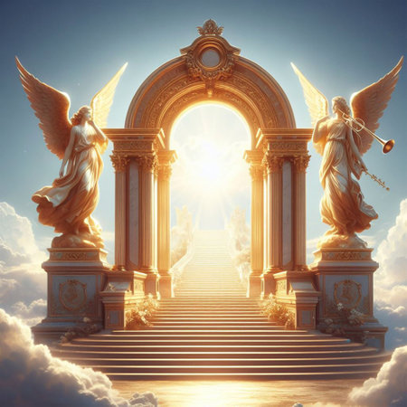 Luxury archway leading to heaven with angel statue. 3D renderingの素材