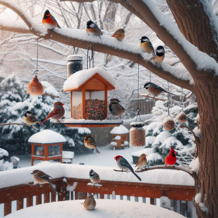 Bird feeder in winter forest. Bird feeder in winter forest, Birdhouse in the forest with flowers and birdsの素材