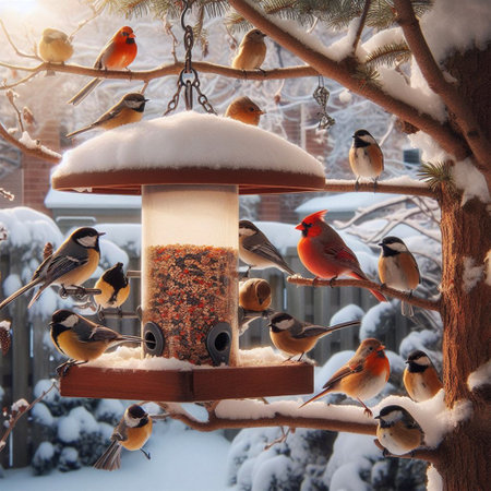 Bird feeder with bullfinches on a snowy winter day.の素材