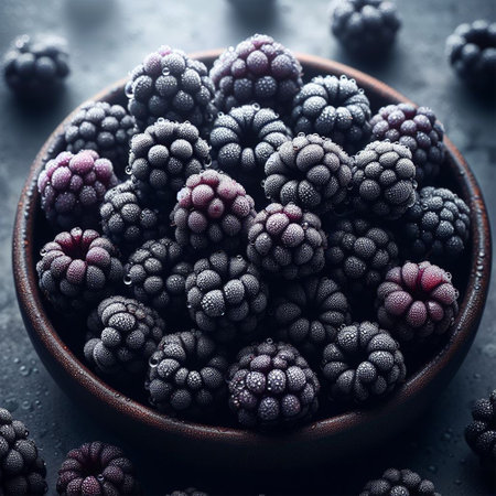 Blackberries in a bowl on a dark background. Toned.の素材
