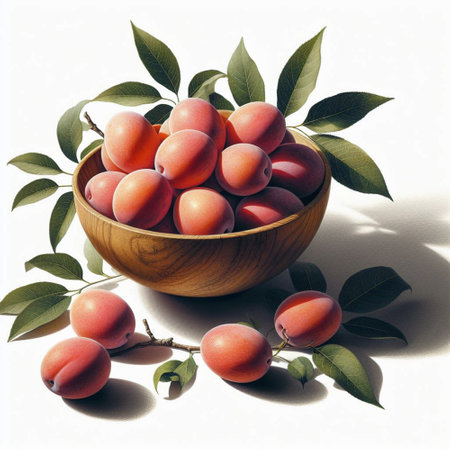 Fresh jujube fruits in a wooden bowl on white background.の素材