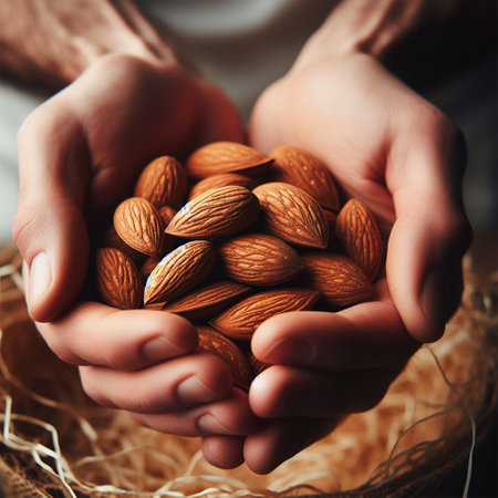 Hands of man and woman holding handful of almonds, closeupの素材