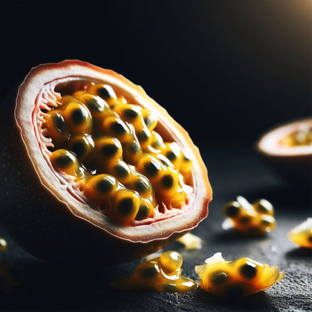 Passion fruit on a dark background. toning. selective focusの素材