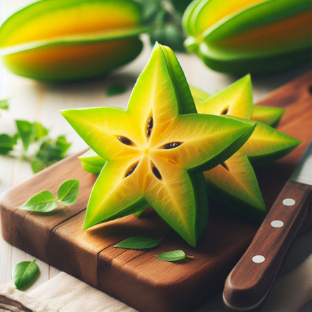 Star fruit, carambola or carambola on wooden backgroundの素材
