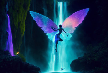 Fantasy image of a beautiful fairy standing in front of a waterfallの素材