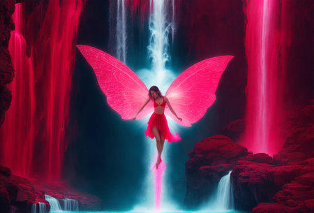 Beautiful fairy in red dress with pink wings on the background of waterfallの素材