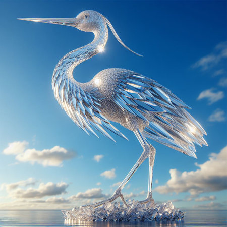 Fantasy stork on ice. 3D illustration. Blue sky.の素材