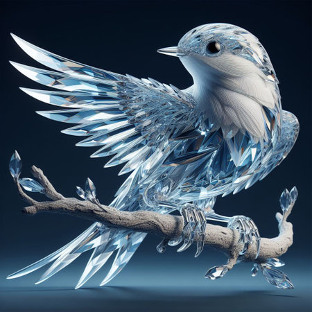 3D render of a blue bird with wings spread on a branchの素材