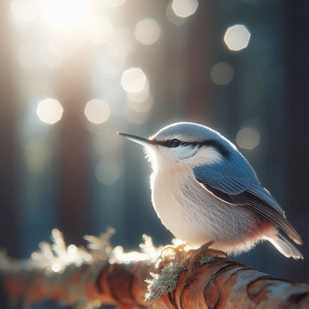 Nuthatch on a branch with bokeh lights in the backgroundの素材