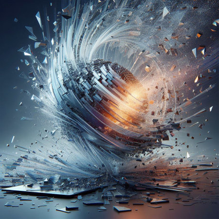 Broken glass ball on a blue background. 3d illustration.の素材
