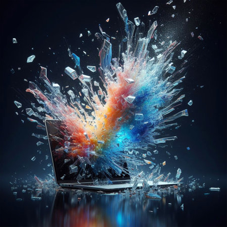 Broken laptop screen with colorful splashes on black background. 3d renderingの素材