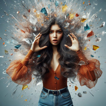 Fashion portrait of beautiful young woman with flying colorful confetti.の素材