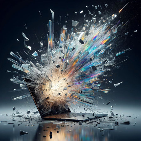 Pieces of broken laptop screen on dark background. 3d renderingの素材