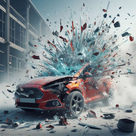 Car crash with splashes and pieces of glass, 3d illustrationの素材