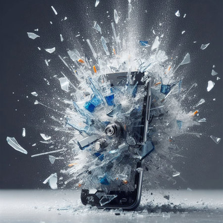Broken mobile phone with shattered screen on gray background. Mixed mediaの素材