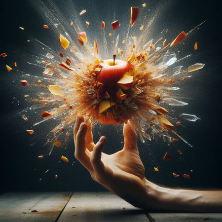Image of human hand and apple explosion over wooden table. Mixed mediaの素材