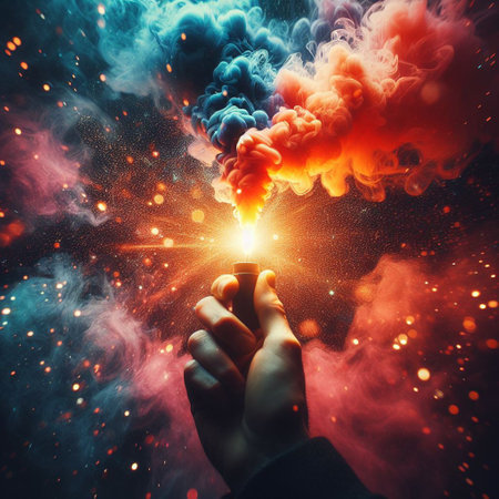 Man hand with burning lighter and colorful smoke in background. Mixed mediaの素材