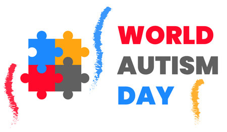 world autism day banner with puzzle pieces on white background, vector illustrationのイラスト素材