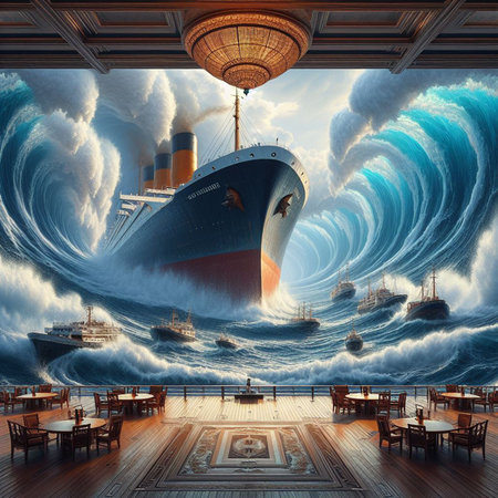 Surreal scene with ship in the ocean. 3D rendering.の素材