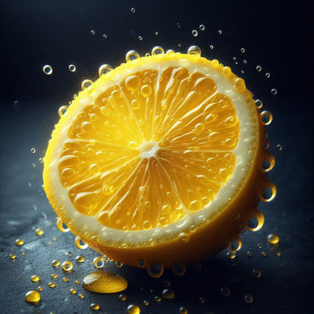 Slice of lemon with water drops on dark background. Citrus fruitの素材