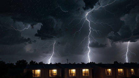 Lightning strikes in the night sky above the houses. Thunderstormの素材