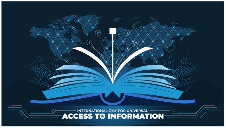 Empowering Society Celebrating Universal Access to Information Vector illustration of an open book on the background of the world mapのイラスト素材