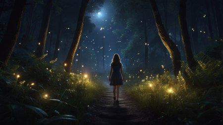 Young woman in the forest at night with lights. 3D renderingの素材