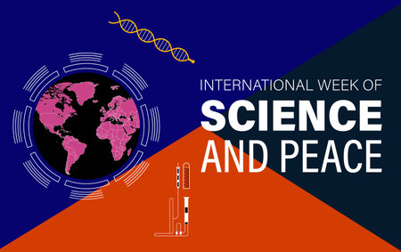 International Week of Science and Peace, Science and technology poster. Vector illustration in flat style on blue background.のイラスト素材