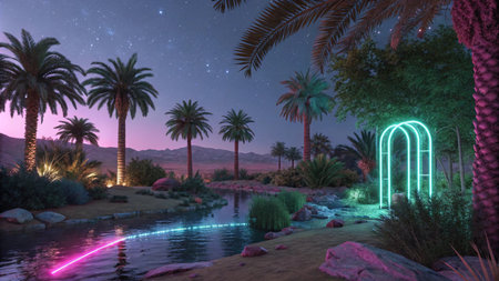 Fantasy landscape with palm trees and river at night. 3D renderingの素材