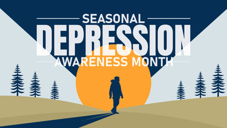 Seasonal Depression Awareness Month Design of a poster with a girl walking on the road. Vector...