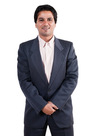 portrait of happy and confident Indian businessman, biracial businessman isolated on whiteの写真素材