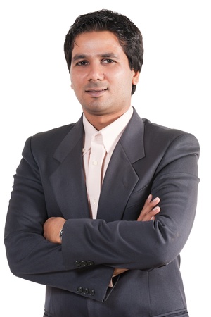 portrait of happy and confident Indian businessman, biracial businessman isolated on whiteの写真素材