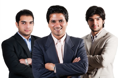 three Indian busnessmen isolated on white, team of indian businessmen with leaderの写真素材