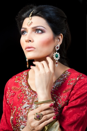 Muslim Indian bride wearing a red bridal dress, portrait of a beautiful Indian brideの写真素材
