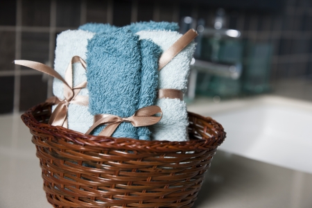 close up of towels in a modrn bath roomの写真素材