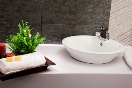 close up of a wash basin in a modern bathroomの写真素材