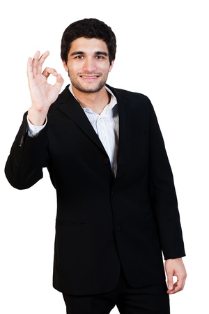 happy businessman making ok sign, isolated on white の写真素材