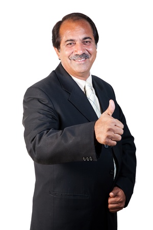 happy and confident senior businessman making thumbs up sign isolated on white backgroundの写真素材