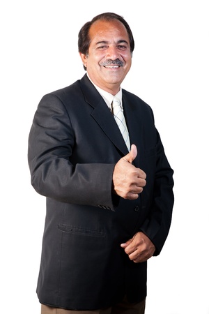 happy and confident senior businessman making thumbs up sign isolated on white backgroundの写真素材