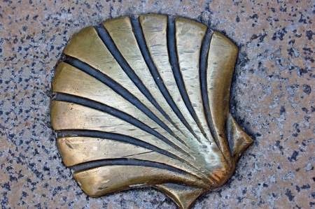 One of the pilgrim's shells that marks the ground in the Camino de Santiago, a medieval pilgrim...