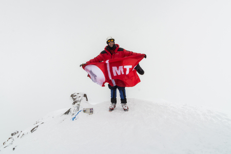 Caucasus / Russia - 07.15.2018 Group of climbers climbing mountain peaks.のeditorial素材