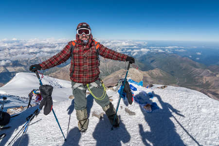 Caucasus / Russia - 06/08/2018 Group of climbers climbing mountain peak Elbrusのeditorial素材