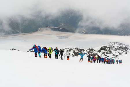 Caucasus / Russia - 02/07/2018 Group of climbers, acclimatization program in the mountains before climbingのeditorial素材