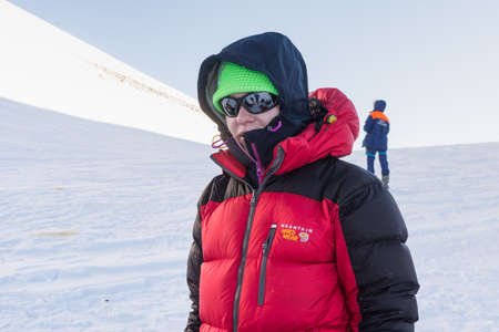 Caucasus / Russia - 06/08/2018 Group of climbers climbing mountain peak Elbrusのeditorial素材