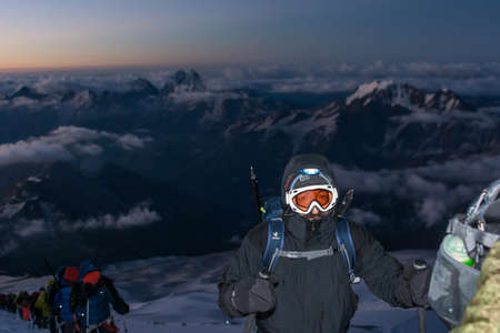 Caucasus / Russia - 06/08/2018 Group of climbers climbing mountain peak Elbrusのeditorial素材