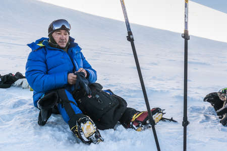 Caucasus / Russia - 07.23.2018 Group of climbers climbing mountain peaks.のeditorial素材
