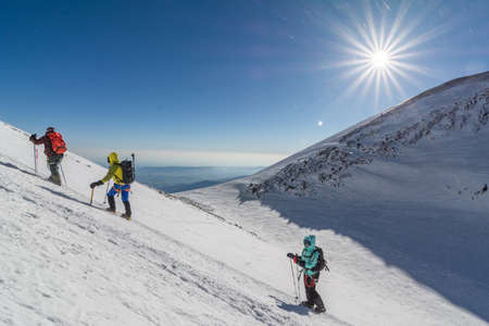 Caucasus / Russia - 06/08/2018 Group of climbers climbing mountain peak Elbrusのeditorial素材
